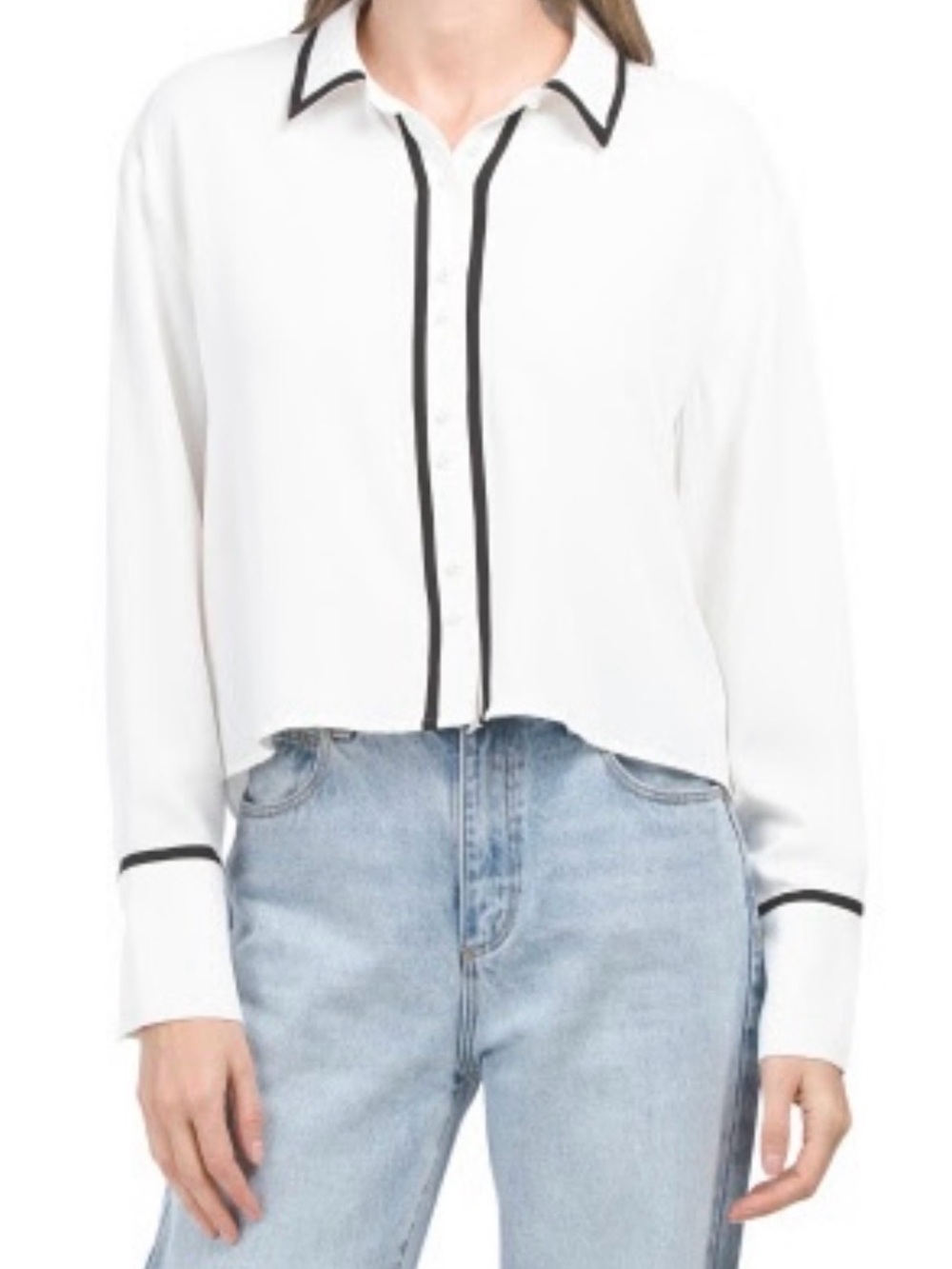 LAUNDRY White Black Contrast Trim Pearl Button Up Cropped Blouse S NWT